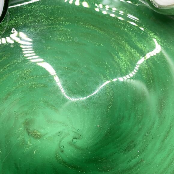 Hand Blown Art Glass Free Form Bowl Green Cased White Gold Mica 7” X 6” - Picture 3 of 7